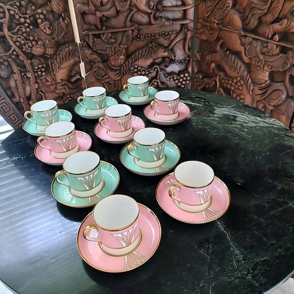 1941 Copeland Spode Custom Made Porcelain Demi-Tasse Pink Green Tea Set - Picture 5 of 16